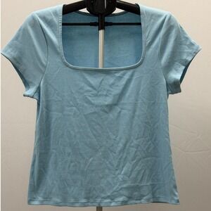 Old Navy Women's Light Blue Square Neck Short Sleeve Ribbed Knit Top XL